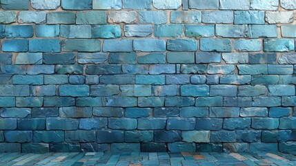  a blue brick wall with a wooden floor in front of it and a bench in front of it with a bench on the side of the wall and a bench in front of the wall.