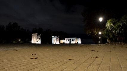 View of the Temple of Debod, an ancient Nubian temple that was dismantled and rebuilt in the center...