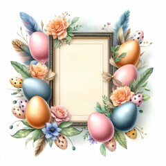 Easter eggs, flowers and feathers with white blank text, watercolor illustration. Easter, christian and religion concept.
