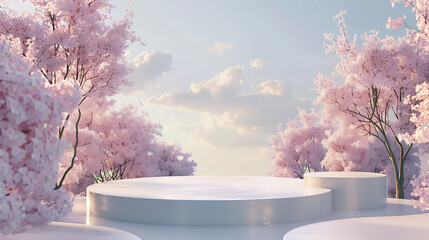 A tranquil 3D rendering of a product display surrounded by blooming sakura trees under a soft sky.
