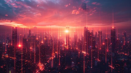 Cybernetic skyline with digital economy hubs glowing data streams linking buildings1