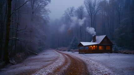  a cabin in the middle of a snowy forest with smoke coming out of the stacks of smoke coming out of the stacks of smoke coming out of the chimneys.