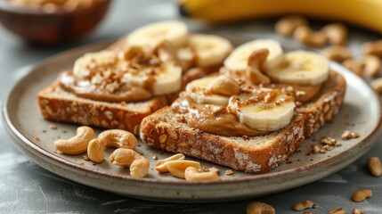  a close up of a plate of food with peanut butter and banana slices on top of it and a bowl of peanuts and a banana next to the plate of peanut butter.