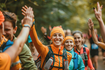 Happy marathon runners giving high-five to each other during the race in nature