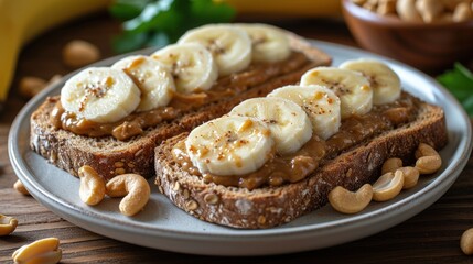  a close up of a plate of food with peanut butter and banana slices on top of peanut butter and banana slices on top of a peanut butter and jelly sandwich.