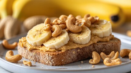  a piece of bread with peanut butter and bananas on top of it on a plate next to a bunch of bananas and a bunch of cashews on the side.