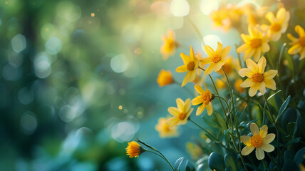 Vibrant yellow flowers bask in the soft, dappled sunlight, showcasing the fresh, energizing spirit of spring