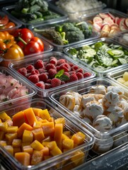 A tray of assorted fruits and vegetables, including grapes, tomatoes