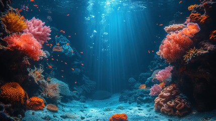  an underwater view of a coral reef with lots of corals and corals on the bottom of the water, with sunlight streaming through the water's surface.