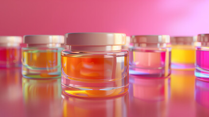 An array of colorful cosmetic jars presenting a vibrant palette against a pink background, symbolizing variety in beauty products