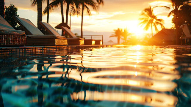 The tranquil waters of a resort pool reflecting the captivating hues of a tropical sunset, offering an oasis of calm