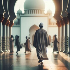 Back view of muslim man walking inside the mosque. Ramadan Kareem, eid fitr and religion background concept.