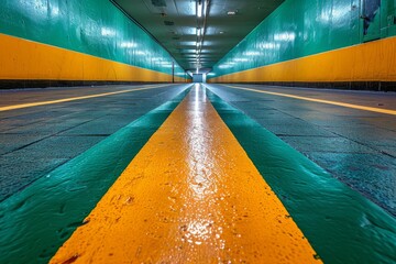 A long tunnel with yellow and green stripes