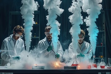 Three scientists are working in a lab with a lot of smoke and steam