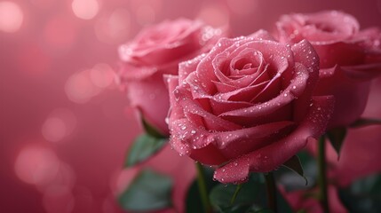  a close up of a pink rose with drops of water on it and a pink background with a blurry boke of raindrops on the rose petals.