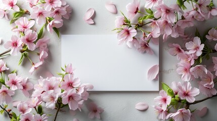 3D white greeting card on pink Sakura background with beauty frame flowers for wedding invitation. Mockup engagement flat lay style - obrazy, fototapety, plakaty