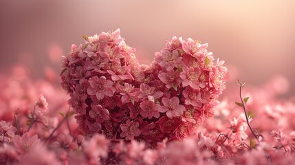  a heart - shaped arrangement of pink flowers in the middle of a field of pink flowers in the middle of the frame is a blurry background of the image.