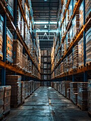 A warehouse with many boxes stacked on top of each other