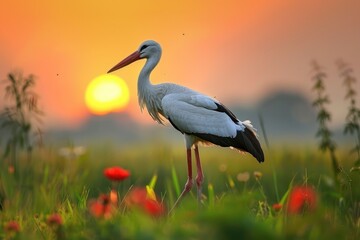 White stork ciconia ciconia the bird is walking in the meadow dawn.