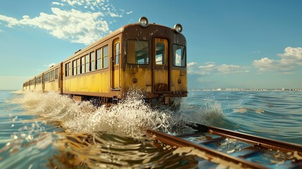 Car train splashing and running on the tracks in the ocean made with Ai generative - obrazy, fototapety, plakaty