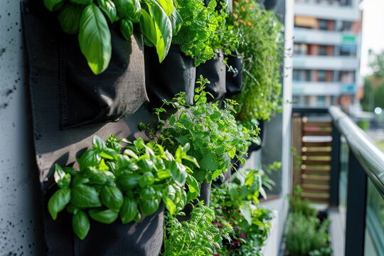 Modern vertical lush herb garden planter bags hanging on city apartment balcony wall. Balcony herb garden concept.