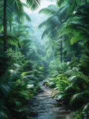 A lush green jungle with a path through it
