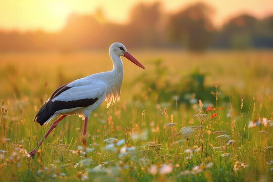 White stork ciconia ciconia the bird is walking in the meadow dawn.