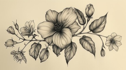  a black and white drawing of a flower on a branch with leaves and buds on a light beige background with a black and white outline of a branch with flowers and leaves. - obrazy, fototapety, plakaty
