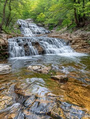 A waterfall is flowing down a rocky hillside
