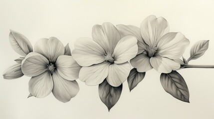  a black and white photo of three flowers on a twig with leaves on a twig and a twig with leaves on a twig with a twig on a twig with a twig and twig with a twig with twig with twig with twig.