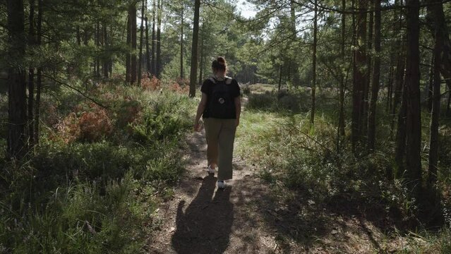 white woman in her thirties walks along a forest path in Stilo, Poland. static shot..