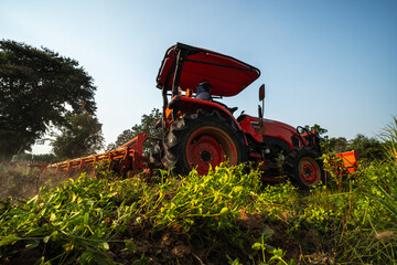 Tractor plows the land and prepares to plant cassava. Farm and Agriculture concept.