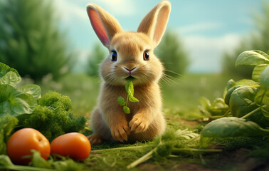 Cute baby rabbit eating vegetables on the farm