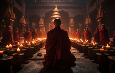 monks in front of lit candles in a temple, in the style of serene atmospheric perspective, rich color palette, beautiful, maroon  - obrazy, fototapety, plakaty