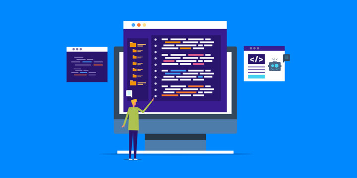 Web developer asking ai robot assistant for software coding and programming solution, artificial intelligence technology vector illustration concept.