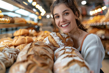Happy woman buy bread in the bakery shop in the supermarket