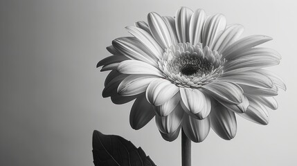  a black and white photo of a large flower with a leaf in front of a gray background with a black and white photo of a large flower in the center.