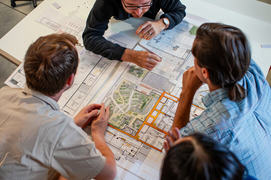 Group of people discussing architectural design blueprints