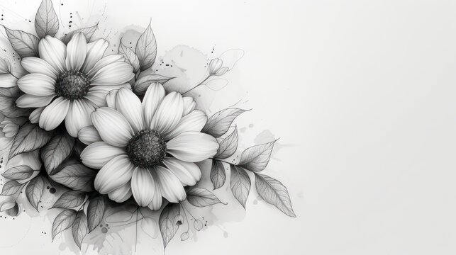  a black and white photo of a bunch of flowers with leaves on it's petals and leaves on the petals are drawn in pencil on a sheet of paper.