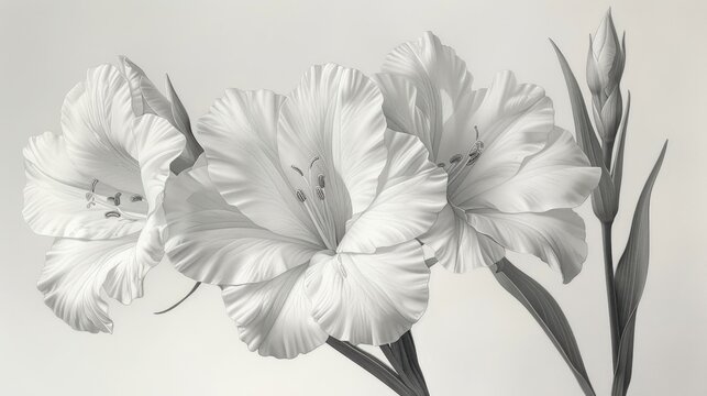  a black and white photo of three flowers in a vase with one flower in the middle of the picture and one flower in the middle of the picture in the middle of the picture.