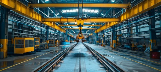 Obraz premium Factory interior with crane and rail transport system. Generative AI technology.