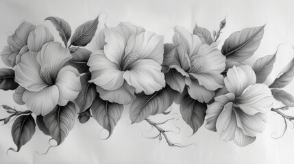  a black and white photo of a bunch of flowers on a sheet of paper with water droplets on the bottom of the image and leaves on the bottom of the image.