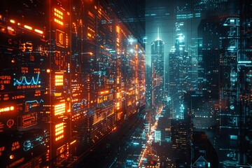 Obraz premium A room full of computer monitors with a glowing red circle in the middle