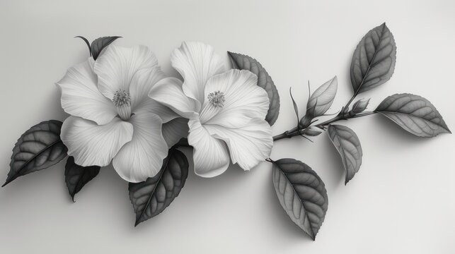  a black and white photo of three flowers on a branch with leaves on the top of the branch and the bottom of the branch with leaves on the bottom of the branch.