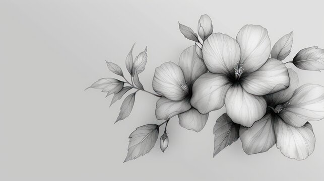  a black and white photo of flowers with leaves on a gray background with a place for the text on the bottom of the picture is a black and white background.