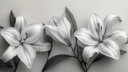 three white lilies with black leaves on a gray background with a place for the text on the left side of the image is a black - and - and - and - white photo of - and - and - white.