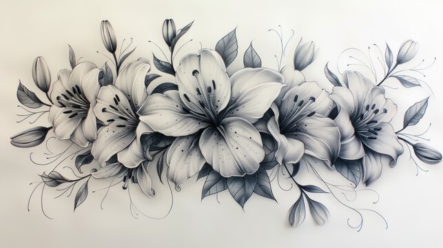  a black and white drawing of a bunch of lilies with leaves on the side of the picture is a drawing of a bunch of lilies with leaves on the side of the wall.