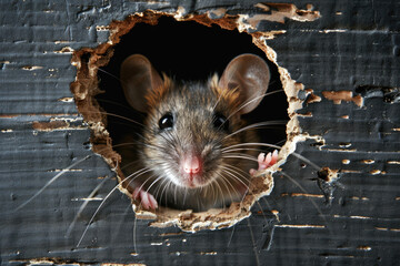 Head of a mouse seen through a hole representing rodent infestation at home - obrazy, fototapety, plakaty