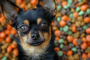A small black and brown dog is looking at the camera