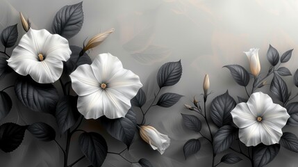  a painting of white flowers and black leaves on a gray and white background with a black and white design on the left side of the image, and a black and white flower on the right side of the right.
